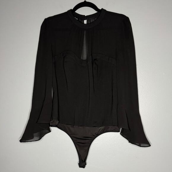 Bebe Large Black Bodysuit Sweetheart Corset Style Bust Chiffon Ruffle Sleeve - Picture 1 of 6